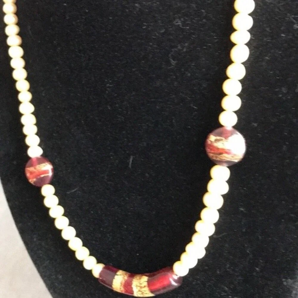 Vintage Handmade Venetian Glass Freshwater Gold Pearl Sterling Clasp Necklace 18